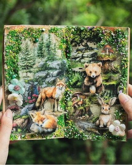 Dwpetzo 150Pcs PET Forest Landscape Stickers for Journaling and Scrapbooking, 6 Themes with Pine Trees Woodland Animals Wooden Stumps Moss Nature Scene Stickers for Junk Journal Supplies, Collage
