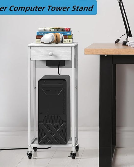 Computer Tower Stand, Adjustable PC Tower Stand CPU Holder Cart with Charge Station and USB Charging Port, 2 Tier Printer Stand with Wood Storage Drawer for Home Office Fax, White