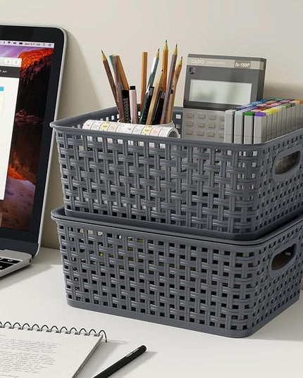 Xyskin Small Plastic Storage Basket with Lid, Set of 6 Weave Plastic Baskets, Grey