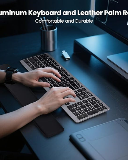 Wireless Keyboard, Bluetooth Keyboard with Leather Palm Rest, Backlighting, Multi-Device Pairing, USB C Rechargeable, for Windows, Mac, iOS, Android, Chrome, Office, Students, Long Hours Typing