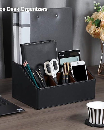 MEIBOOCH PU Leather Desk Organizer, Luxury Remote Control Holder for Home, Office Desk Accessories Table Caddy Bedside Nightstand Organizer (Black)