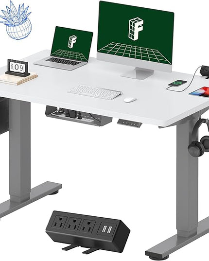 FLEXISPOT EN2 Whole-Piece Standing Desk with Clamp Power Strip, 48 x 30 Electric Stand Up Height Adjustable Desk with Cable Management (Gray Frame + 48" White Top, 2 Packages)