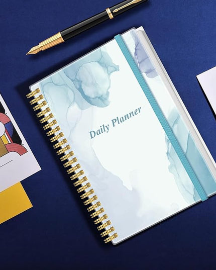 Daily Planner Undated - A5 To Do List Notebook Hourly Schedules, Spiral Appointment Planner for Women and Men, PVC Hardcover, Inner Pocket, Elastic Closure, 5.8" x 8.3", Blue Watercolor