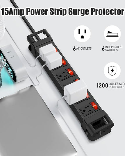 Heavy Duty Power Strip,6 Outlets Metal Power Strip with Individual Switch & Cord Management,Mountable Surge Protector 1200J,15FT Extension Cord(Black,15 FT)