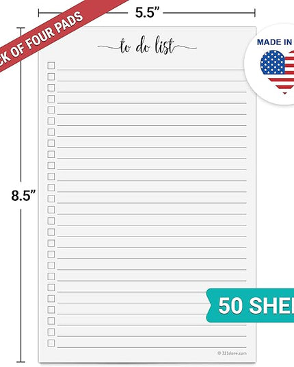 321Done To Do List Notepad - Pack of 4-50 Sheets (5.5 x 8.5) To-Do's Notepad Tear Off, Planning Memo Pad, Planner Checklist Organizing - Made in USA - Simple Script - College-Ruled