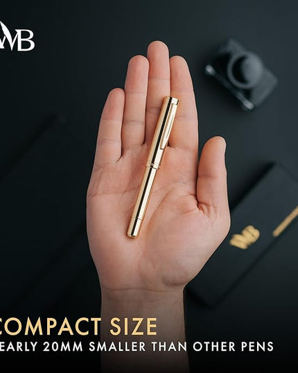 Wordsworth and Black Fountain Pen Mini EDC: Luxury Gold Heavy Pocket Pen, Gold Finish, Medium Nib, 6 Ink Cartridges, Ink Converter, Travel Refillable Writing Pen Gift Set, Men & Women