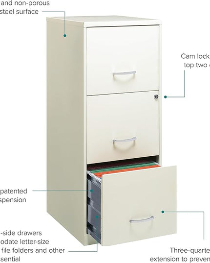 Space Solutions - 3 Drawer Fully Assembled Vertical Steel File Cabinet, Home & Small Office Use, Letter-Size, Locking, Pearl White