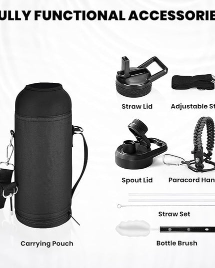 Insulated Water Bottle 40 oz, Triple Wall Vacuum Stainless Steel (Cold for 48 Hrs), Leak Proof & Non-BPA, Modern Water Flask Jug with Paracord Handle & Straw Spout Lids, Dark Grey