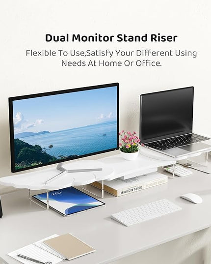 Dual Monitor Stand Riser, Wing-Shaped Sturdy Desktop Wood Stand for 2 Monitors, White Riser for Laptop, PC, Computer