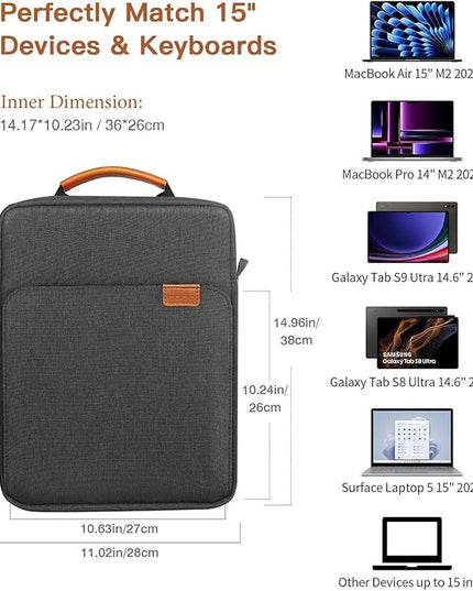MoKo 15 Inch Laptop Sleeve Bag Fits MacBook Air 15" M2 2023, MacBook Pro 14" M2 2023, Galaxy Tab S9 Utra 14.6" 2023, Handle Carrying Case with Shoulder Strap, Black & Gray
