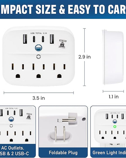 Cruise Approved Power Strip Foldable, Non Surge Protector Travel Power Strip, 2 USB-C, 2 USB, 3 AC Outlet Plugs - Cruise Essentials for Carnival, Celebrity, Princess & Major Lines in 2026 & 2027
