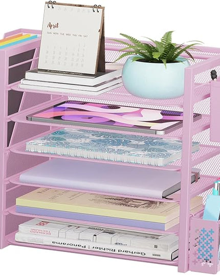 Simple Trending 6 Tier Desk File Organizer, Paper Letter Tray Organizer with File Holder and Pen Container, Pink