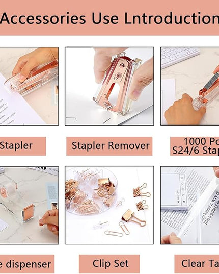 suniya Office Supplies,Desk Accessories,with Stapler,Tape Dispenser,Pen Holder Cup for Desk,Staple Remover,Scissor,Ballpoint Pen,Clear Tape, Staples,Phone Stand,Ruler,Binder,Best Gift Set(Rose Gold)