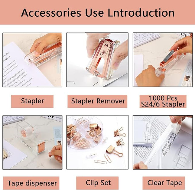 suniya Office Supplies,Desk Accessories,with Stapler,Tape Dispenser,Pen Holder Cup for Desk,Staple Remover,Scissor,Ballpoint Pen,Clear Tape, Staples,Phone Stand,Ruler,Binder,Best Gift Set(Rose Gold)