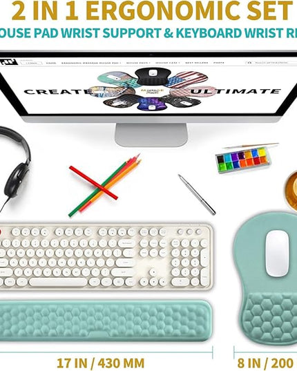 Hokafenle 2 in 1 Ergonomic Mouse Pad Wrist Support & Wrist Rest for Computer Keyboard Set, with Relieve Carpal Tunnel Pain Massage Bulge and Full Memory Gel Design (2In1 Set, Light Blue)