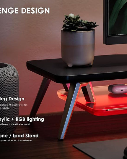 Fenge Dual Monitor Stand, 2 Tiers Acrylic Monitor Riser with LED Lights, 42.5 Inch Wood and Aluminum Desk Shelf with Phone and Tablet Holder