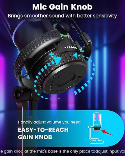 SINWE Gaming Microphone with Noise Cancelation & Gain Control- USB PC Mic for Streaming, Gaming, Podcasts, PC, PS4 -Includes Pop Filter, Shock Mount, Quick Mute & RGB Lighting