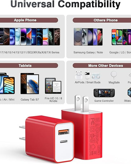 2Pieces USB C Wall Charging Block, 20W 2Port Fast USBC PD3.0 Power Adapter Type C Charger Brick Cube Plug for iPhone 13 14 15 16 17 Pro Max Mini 11 XS X 8, iPad, Samsung, Google, Tablet, Android, Red