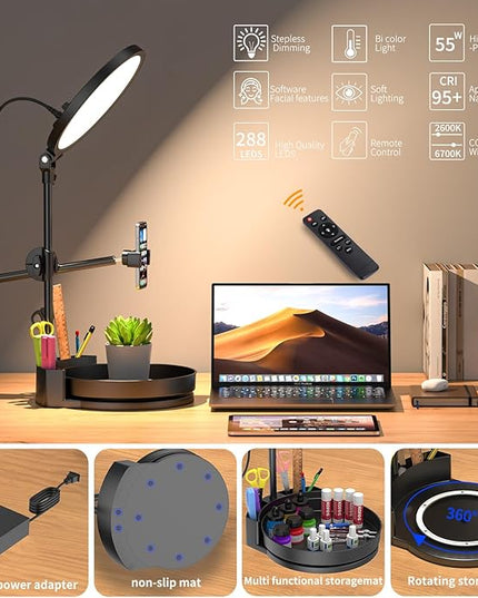 Selfie Light Kit for Desk and Laptop,55W Dimmable Full Screen Ring Light,with Rotating Storage Box,Pen Holder Stand,Phone Holder and Controller (Ice Blue, 10.5)