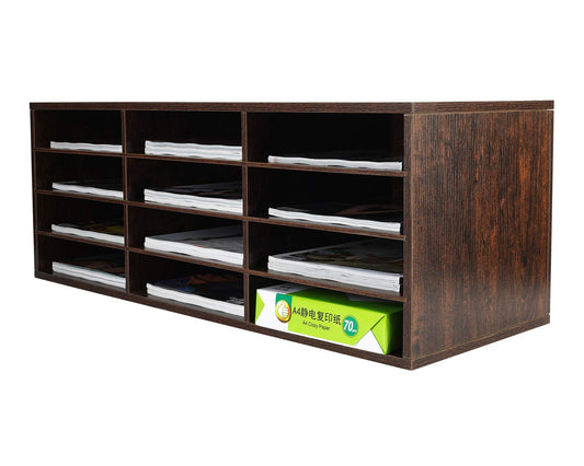 PAG-Mass Mail Sorter Organizer, Wood Countertop Literature Organizer, Student Mailbox for Classroom, Desktop Bill Paper Organizer for Office Home School, 12 Compartments, Brown