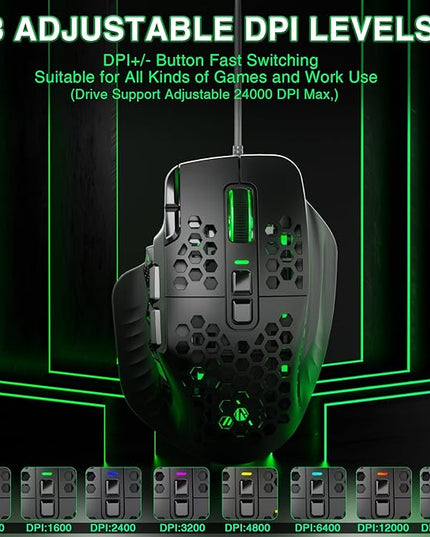 SOLAKAKA SM809 Gaming Mouse for MMO,24000 DPI,16 Programmable,RGB PC Gaming Mice,Black