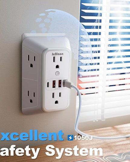 JcBlaon Surge Protector Outlet Extender 6 Outlet Extender with 4 USB Ports (PD 30W), 3 Sided 1050J Multi Plug Wall Adapter Power Strip for Home Travel Office Essentials