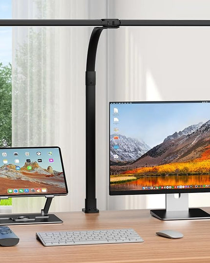 LED Desk Lamp for Home Office - 24W Computer Lamp with Remote Control, Dual Head Desk Light Bar with Clamp, 5 Color & Brightness Adjustable, Tall Flexible Task Monitor Lighting, Black