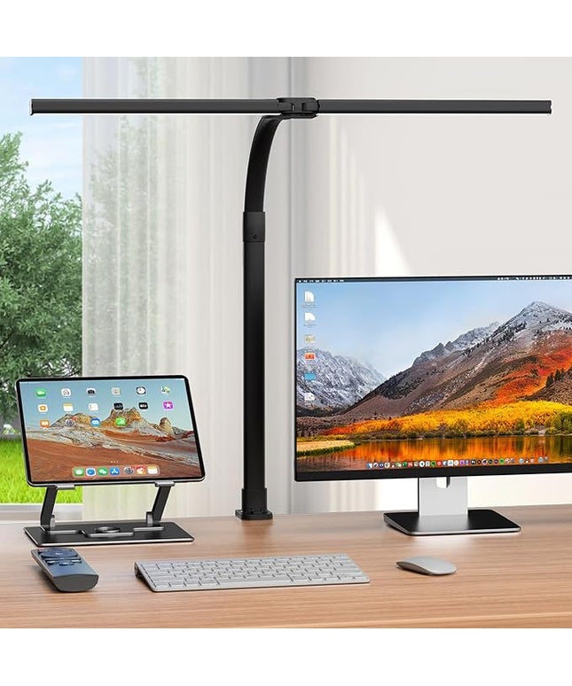 LED Desk Lamp for Home Office - 24W Computer Lamp with Remote Control, Dual Head Desk Light Bar with Clamp, 5 Color & Brightness Adjustable, Tall Flexible Task Monitor Lighting, Black