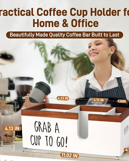 Intarsio 100% Wooden Coffee Cups Holder with U-Shape Cutout Design for Countertop-Coffee Bar Organizer for Cups, Lids, Pods, Stirrers, and Accessories, Great Gift for Home or Office (White)