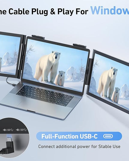 Pornitor Laptop Screen Extender, 14’’ FHD 1080P Triple Portable Monitor for Laptop with Ultra-Slim IPS Display, USB-C Plug and Play Multi Screen Attachment for 14"-16.5" Laptops