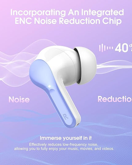 Wireless Earbuds, Bluetooth 5.4 Headphones HiFi Stereo, Bluetooth Earbuds with ENC Noise Cancelling Mic, IP7 Waterproof in Ear Earphones, 48H, LED Display Ear buds for Pad Workout Sports, White Purple