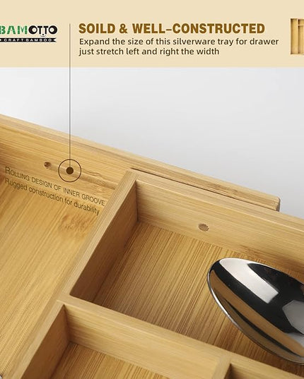 Expandable Bamboo Drawer Organizer – Large 20"x16.9" Size with Adjustable Dividers – for Kitchen Utensils, Knives, Cutlery, Flatware & Silverware Storage Tray