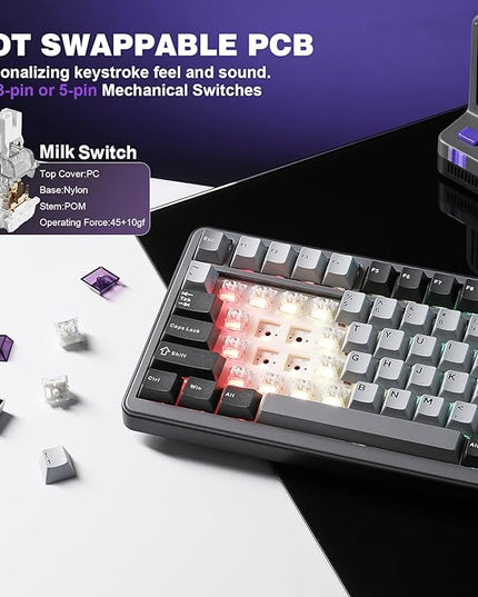 YUNZII B75 PRO Wireless Mechanical Keyboard,75% Layout with Knob,Hot Swap Gasket Structure,Creamy Pre-lubed Switches,RGB Backlit,Bluetooth/Type-C/2.4G for Win/Mac (Dark Grey, Milk Switch)