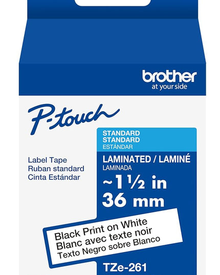 Brother Genuine P-Touch TZe Black Print on White Label Tape (TZe261), Laminated,1-1/2in x 26.2ft (36mm x 8m), for Select P-Touch Label Makers, Durable, Water-Resistant, Indoor/Outdoor Use