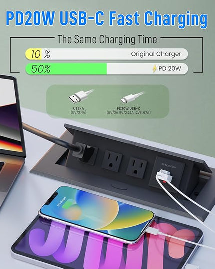 Conference Table Power Outlet PD20W Type-C Fast Charging Pop Up Table Hub Connection Box with 3AC Outlets and USB Port for Conference Room Kitchen Countertop