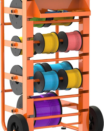 Tredre Orange Wire Spool Rack with Wheels, Heavy Duty Cable Holder with 11 Rods – Mobile Multi-Spool Wire Rack Dispenser with Wheels and Storage Box for Efficient Workplace Cable Management