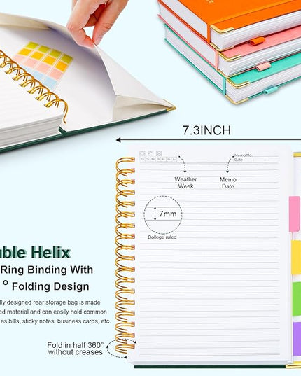 Hardcover Spiral Notebook 8"x10" Journal Notebook with Tabs and Removable Dividers 300 Pages 5 Subject Notebook College Ruled, Faux Leather Spiral Bound Notebook for Women School Work (Green)