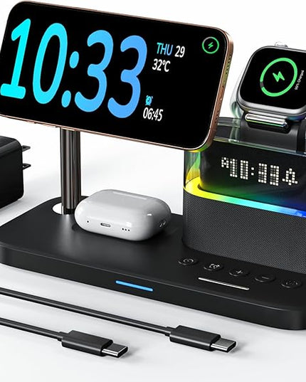 5 in 1 Wireless Charging Station for Apple,Mag-Safe Charger with Alarm Clock Night Light for Multiple Devices,Nightstand Charging Station for iPhone 17/16/15/14/13/12,Apple Watch Series,Air-Pods