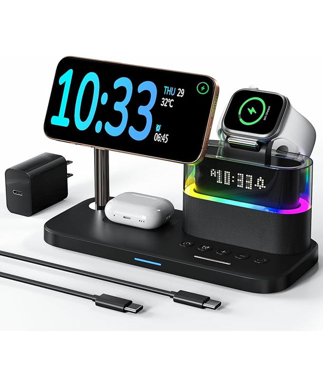 5 in 1 Wireless Charging Station for Apple,Mag-Safe Charger with Alarm Clock Night Light for Multiple Devices,Nightstand Charging Station for iPhone 17/16/15/14/13/12,Apple Watch Series,Air-Pods
