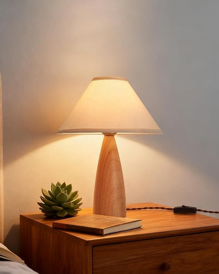 Bedside Table Lamp for Bedroom, Mid-Century Modern Plug in Fabric Shade & Solid Wood Base Desk Lamp, Plug & Play Yellow Wood Nightstand Lamp for Living Room, Office 【Bulb Included】