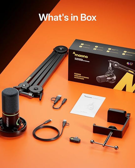 MAONO PD200W Hybrid Wireless Podcast Microphone for PC, XLR USB Dynamic Mic Kit with Boom Arm, Software, Noise Cancellation, for Vocal Recording, Streaming, Content Creation, Home Studio, Voiceover