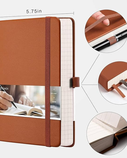 EMSHOI Lined Journal Notebook, 120 gsm Leather Hardcover with Sticky Notes & 256 Numbered A5 Pages – College Ruled Notebook for Writing, Work, School, Men, Women | 5.75”x8.38” – Brown