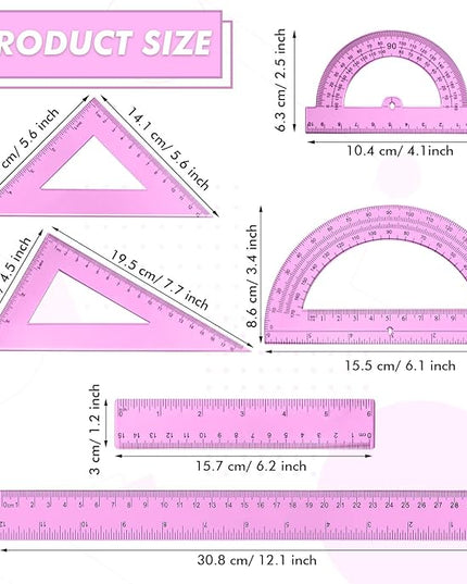 Tenare 6 Pcs Plastic Ruler Math Set Includes 12 Inch 6 Inch Straight Protractor Triangle Geometry Transparent Math Ruler Measuring Tools for School Office Home(Pink)
