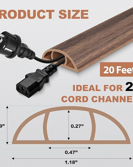 Floor Cord Cover for Wires on Floor Self Adhesive Cord Hider Floor Cable Management Wire Covers for Cords Protector Prevent Cable Trips Cord Cavity W 0.47" x H 0.27", Misty Brown Wood, 20Ft