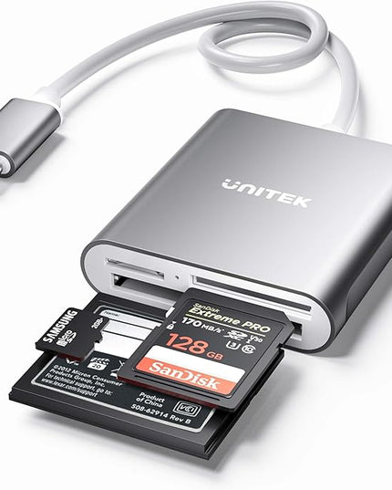 Unitek USB C SD Card Reader, Aluminum 3-Slot USB 3.0 Type-C Flash Memory Card Reader for USB C Device, Supports SanDisk Compact Flash Memory Card and Lexar Professional CompactFlash Card - Grey
