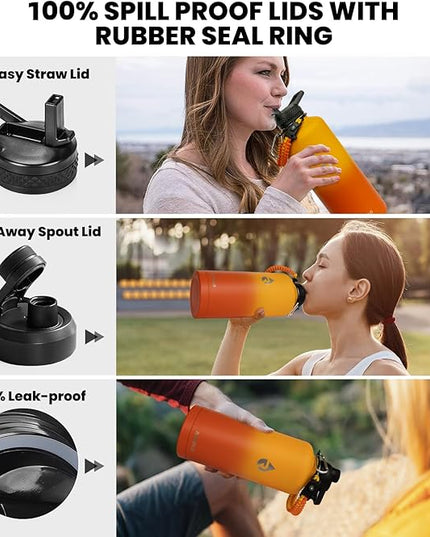 Insulated Water Bottle 87 oz, Triple Wall Vacuum Stainless Steel (Cold for 48 Hrs), Leak Proof & Non-BPA, Modern Water Flask Jug with Paracord Handle & Straw Spout Lids, Ombre Orange