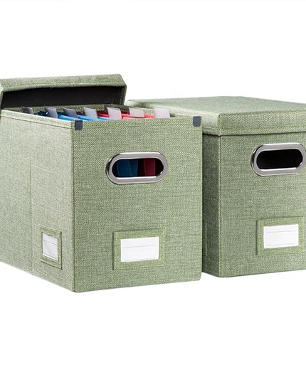 PRANDOM File Organizer Box - Set of 2 Collapsible Decorative Linen Filing Storage Hanging File Folders with Lids Office Cabinet Letter Size Green (14x9.3x10.8 inch)