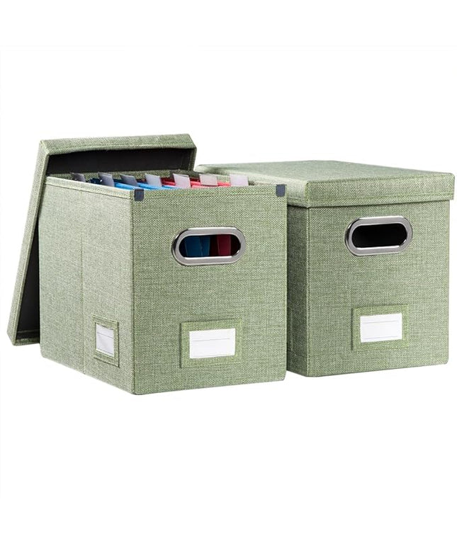 PRANDOM File Organizer Box - Set of 2 Collapsible Decorative Linen Filing Storage Hanging File Folders with Lids Office Cabinet Letter Size Green (14x9.3x10.8 inch)