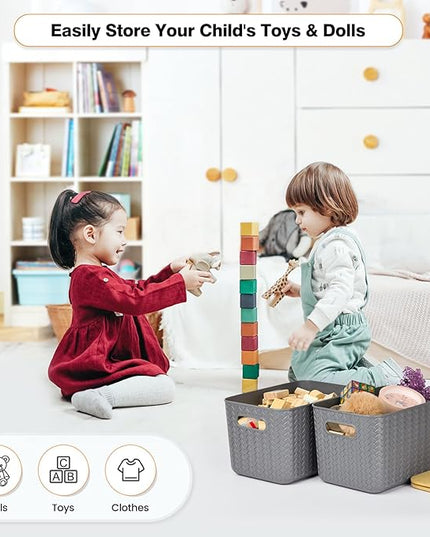 4 Packs Storage Bins with Bamboo Lids - Plastic Storage Containers with Lids Stackable Storage Box：Storage Baskets for Organizing Desktop Closet Playroom Classroom Office,Gray