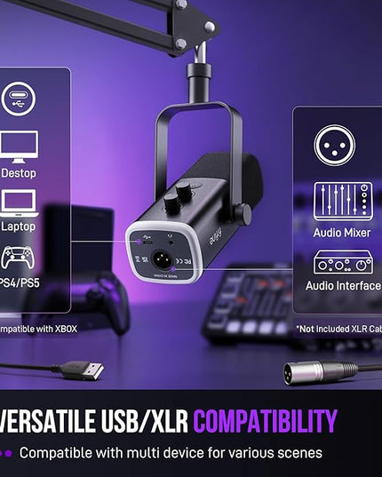 FIFINE XLR/USB Gaming Microphone Set, Dynamic PC Mic for Streaming Podcasting, Computer RGB Mic Kit with Boom Arm Stand, Mute Button, Headphones Jack, for Recording Vocal Voice-Over-AmpliGame AM8T